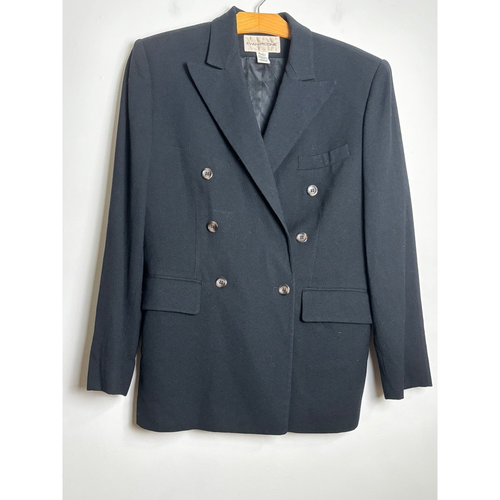 Evan-Picone Womens VTG 90s Double Breasted Blazer 12 Black 100% Worsted Wool USA